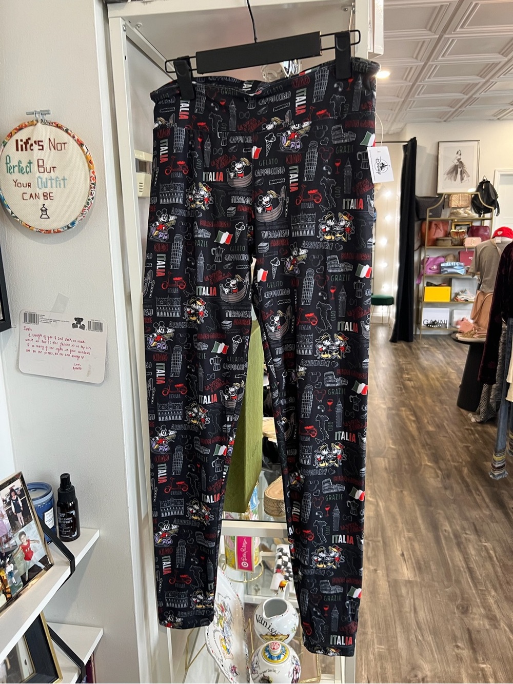 Disney Black Epcot Italy Print Leggings with Red & White Accents